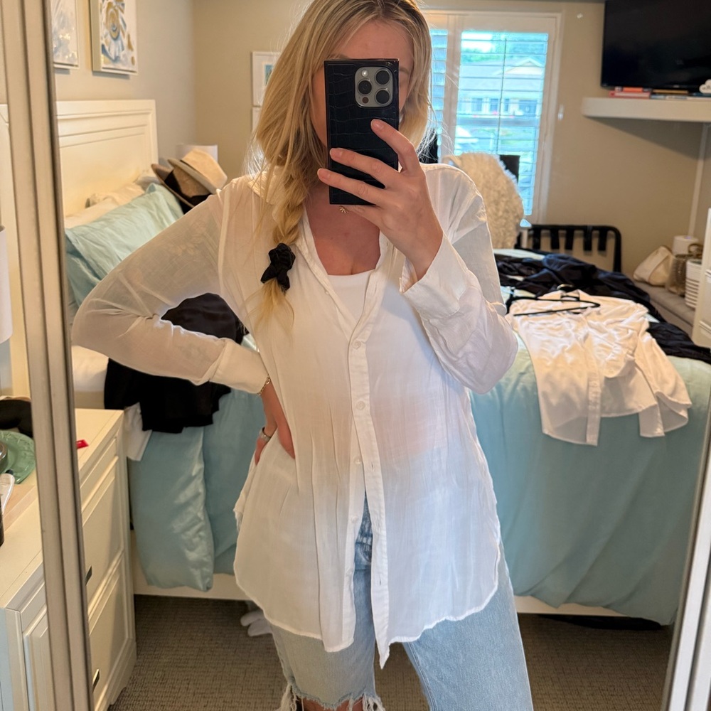 White Sheer Button Down Blouse Lightweight Beach Cover Up Shirt Medium - Picture 5 of 11